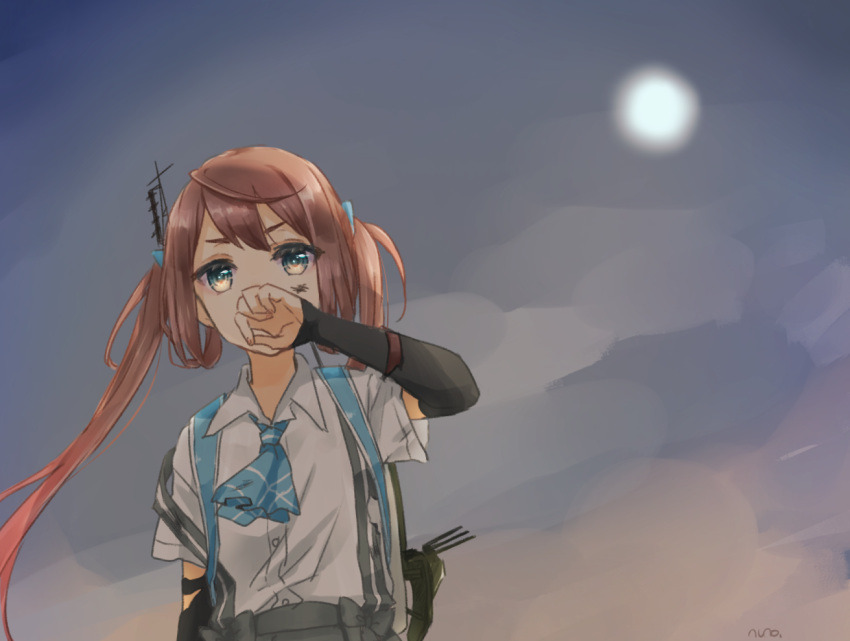 artist_name asagumo_(kantai_collection) ascot blue_ribbon blush brown_eyes brown_hair covering_mouth detached_sleeves hair_between_eyes hair_ribbon kantai_collection long_hair mast nuno_(pppompon) overcast pleated_skirt ribbon shirt skirt sun suspender_skirt suspenders twintails very_long_hair white_shirt