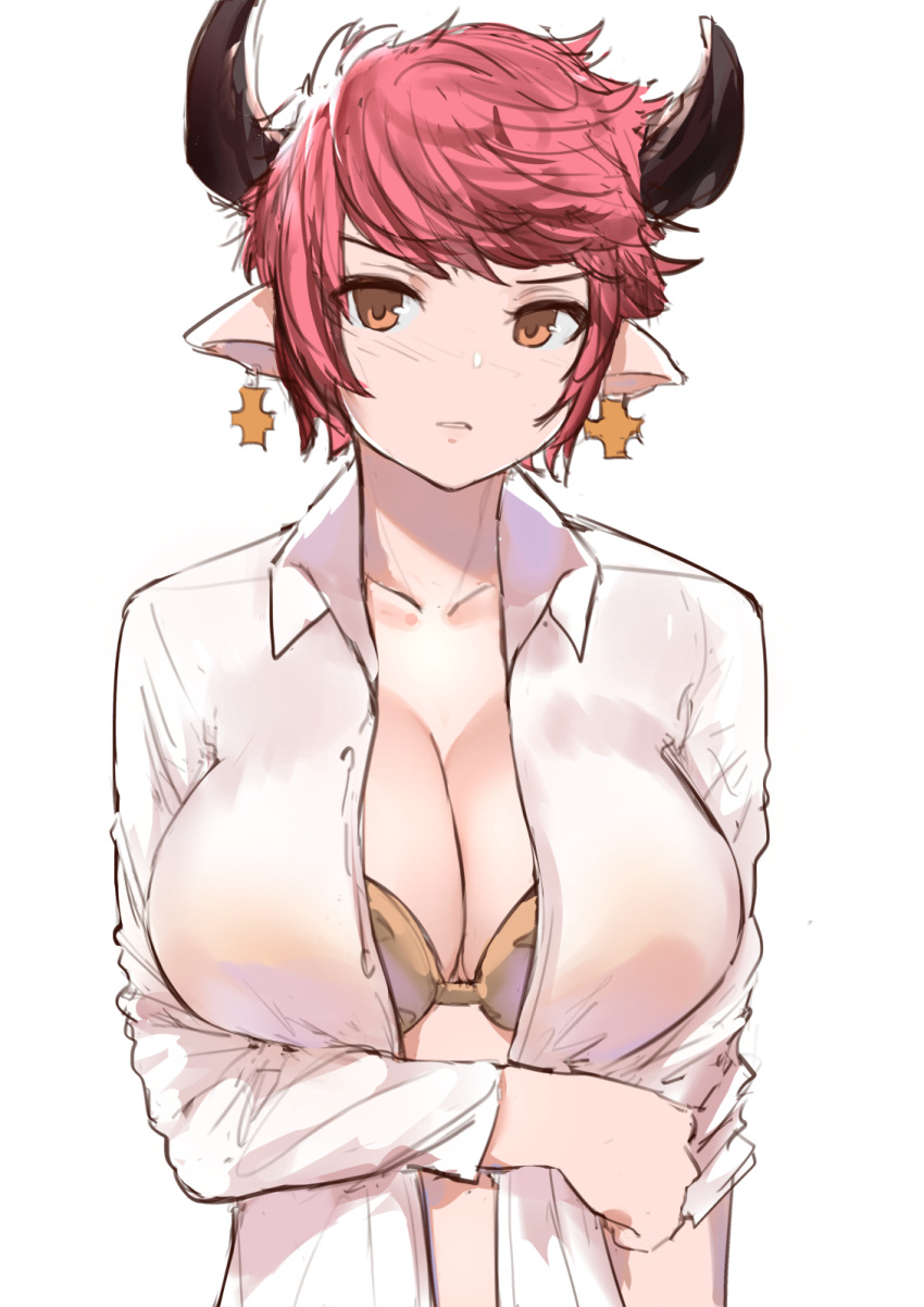 1girl blush bra breasts brown_eyes cleavage granblue_fantasy highres horns large_breasts looking_at_viewer norman_maggot open_clothes open_shirt parted_lips pink_hair pointy_ears print_bra shirt short_hair simple_background solo sturm_(granblue_fantasy) underwear upper_body white_background