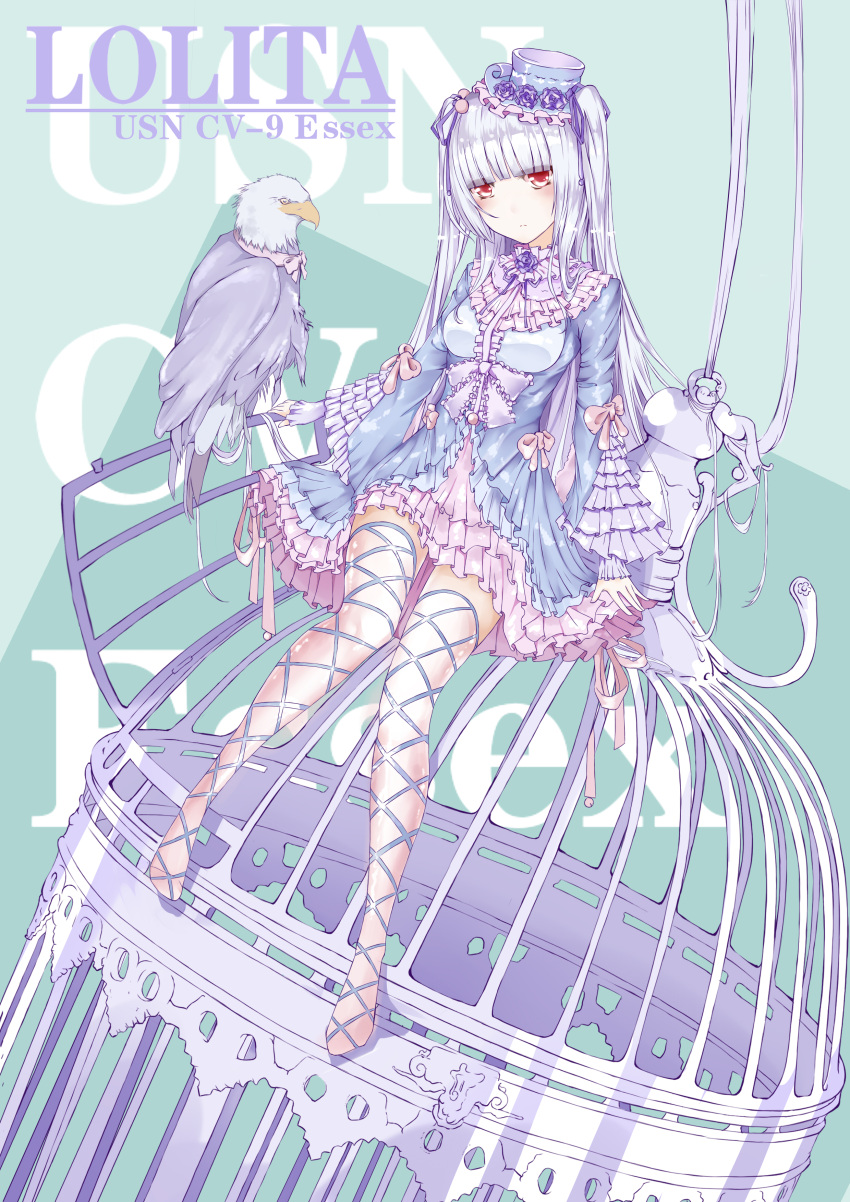 1girl absurdres alternate_costume anotoki_ashi bangs bell_mccamp_(zhan_jian_shao_nyu) bird birdcage blank_stare blue_hat blue_jacket blunt_bangs bow cage character_name closed_mouth dress eagle empty_eyes essex_(zhan_jian_shao_nyu) fishnet_legwear fishnets flower frilled_dress frilled_hat frilled_jacket frills green_background hair_over_shoulder hair_ribbon hand_on_bar-shaped_object hat hat_flower highres jacket lolita_fashion long_hair long_twintails looking_down mini_hat no_shoes open_hand pink_bow purple_dress purple_flower purple_hair purple_ribbon red_eyes ribbon see-through simple_background sitting sitting_on_object thigh-highs too_many too_many_frills top_hat zhan_jian_shao_nyu