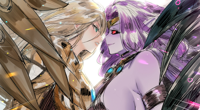 2girls armor black_sclera blonde_hair breasts green_eyes highres kayle large_breasts league_of_legends long_hair morgana multiple_girls pd_(pdpdlv1) purple_hair red_eyes sideboob wings