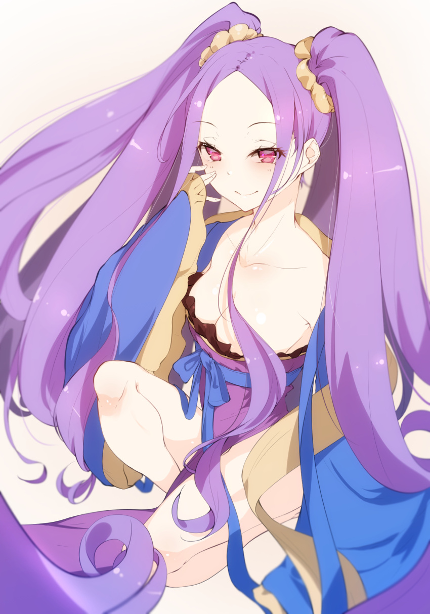 1girl assassin_of_the_nocturnal_castle bangs blush breasts cleavage fate/grand_order fate_(series) highres hplay japanese_clothes kimono long_hair long_sleeves looking_at_viewer parted_bangs purple_hair smile solo twintails violet_eyes white_background wide_sleeves wu_zetian_(fate/grand_order)