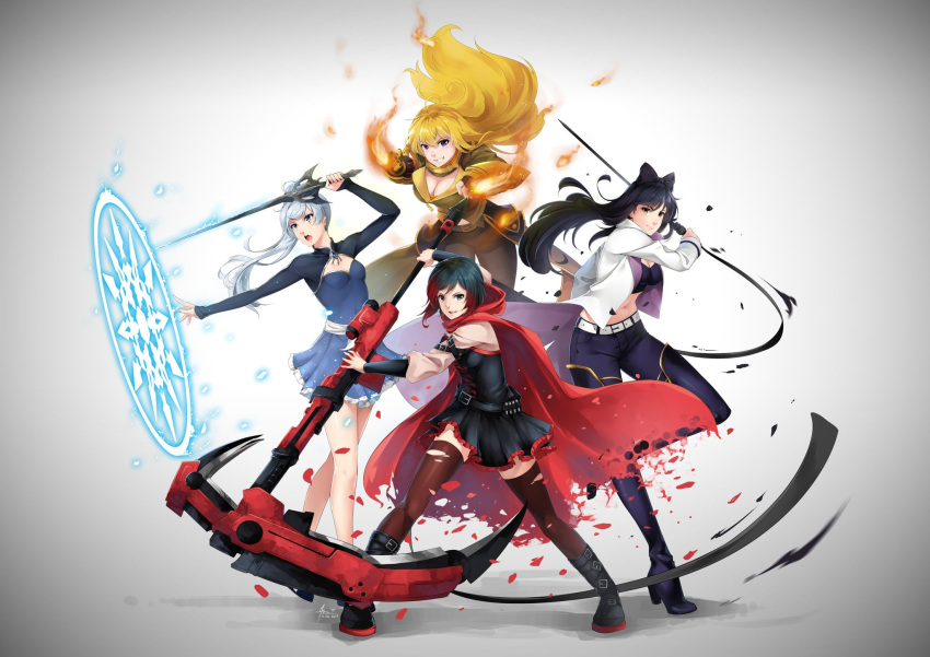 4girls asymmetrical_hair blake_belladonna boots breasts cape cleavage cleavage_cutout corset crescent_rose ember_celica_(rwby) fire frilled_skirt frills gambol_shroud glyph grey_background hair_ribbon high_heels highres left-handed long_hair lulu-chan92 multicolored_hair multiple_girls myrtenaster petals ribbon rose_petals ruby_rose rwby scythe short_hair simple_background skirt thigh-highs torn_cape torn_clothes torn_thighhighs two-tone_hair weiss_schnee yang_xiao_long