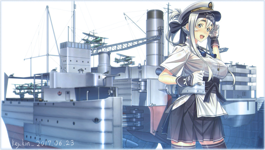 1girl :d alternate_costume artist_name black_legwear black_skirt blue_eyes commentary_request dated folded_ponytail gloves hair_between_eyes hat headband highres kamoi_(kantai_collection) kantai_collection key_kun long_hair open_mouth peaked_cap pleated_skirt revision short_sleeves sidelocks skirt smile solo thick_eyebrows thigh-highs white_gloves white_hair