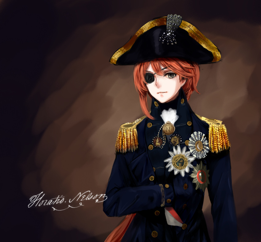 1girl amputee badge black_hat blue_jacket brown_background buttons closed_mouth epaulettes eyepatch hair_between_eyes hair_over_shoulder hand_up hat high_collar highres horatio_nelson jacket light_smile looking_at_viewer military military_uniform nelson_(zhan_jian_shao_nyu) one_eye_covered real_life redhead signature simple_background solo tricorne tuzik10 uniform upper_body yellow_eyes zhan_jian_shao_nyu