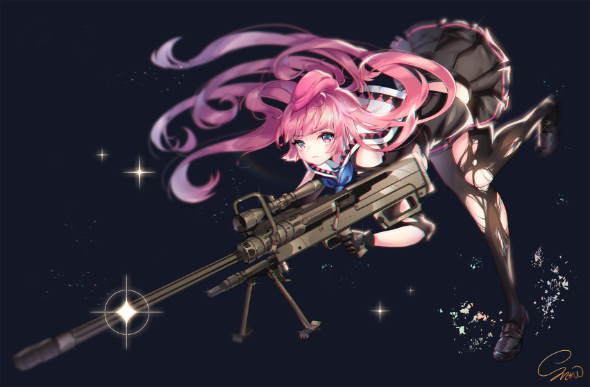 1girl anti-materiel_rifle aqua_eyes black_gloves black_legwear black_shoes black_skirt blue_background expressionless full_body girls_frontline gloves gun hat highres leaning_forward long_hair multicolored multicolored_eyes ntw-20 ntw-20_(girls_frontline) pantyhose pink_eyes pink_hair pink_hat rifle sailor_collar shoes skirt sniper_rifle snow_is solo torn_clothes torn_pantyhose weapon
