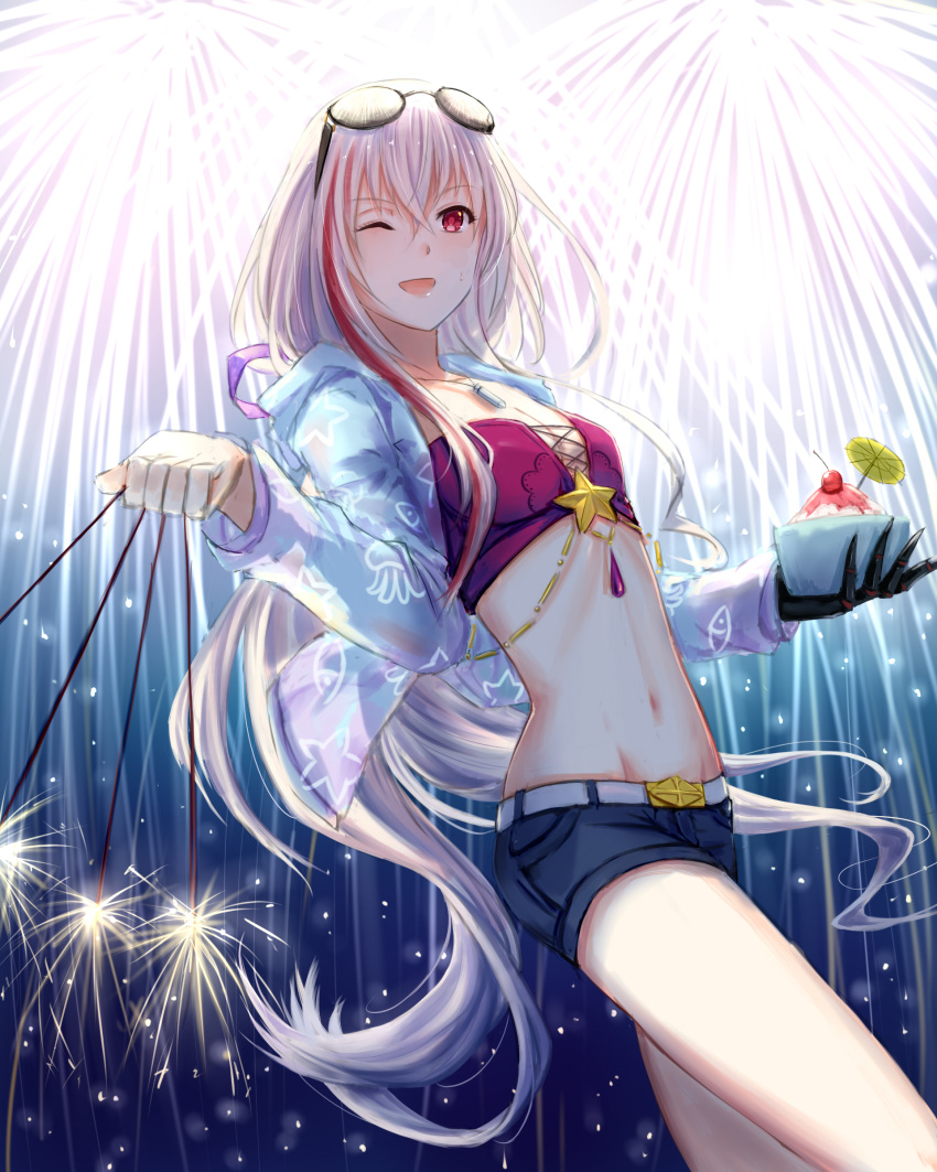 1girl absurdres blush denim denim_shorts eyebrows_visible_through_hair girls_frontline glasses_on_head highres long_hair looking_at_viewer navel one_eye_closed parted_lips pink_eyes shorts silver_hair smile solo xing_muhen
