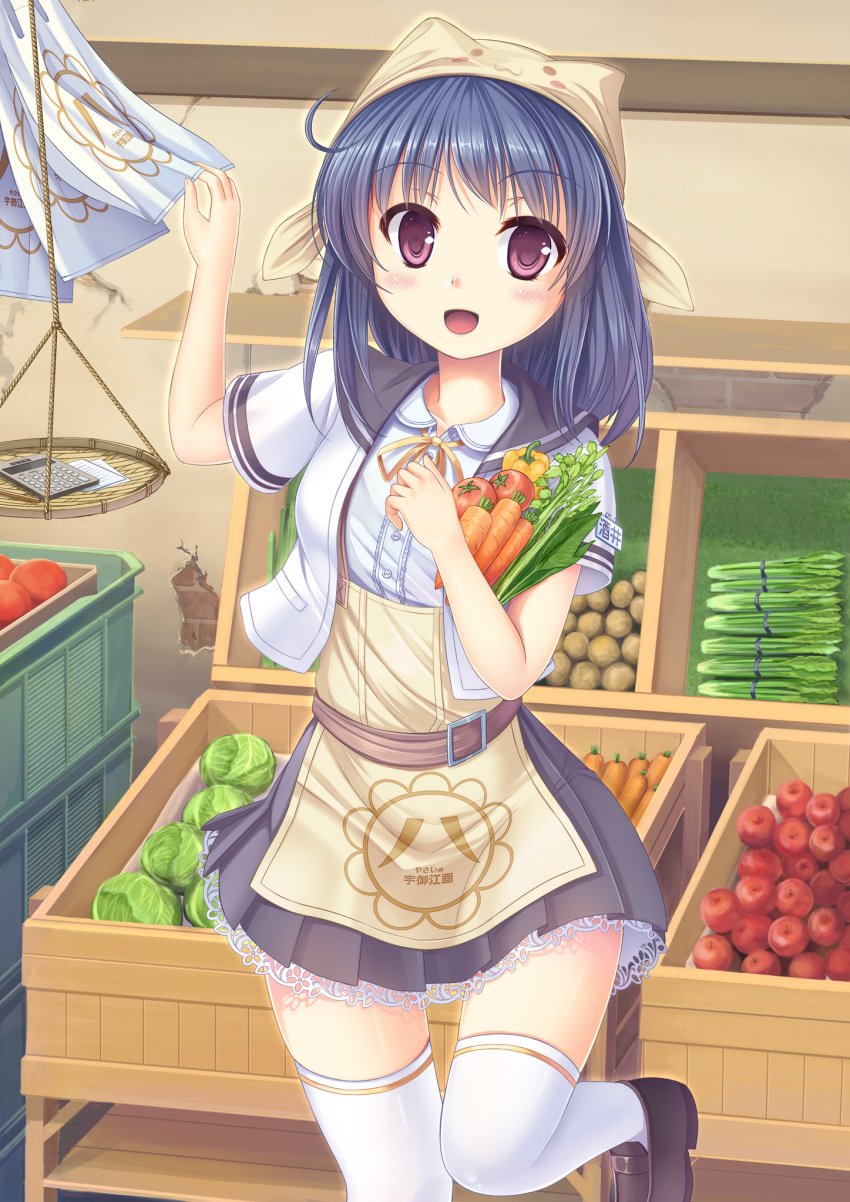 1girl blue_hair blush carrot collarbone eyebrows_visible_through_hair food highres holding holding_food lettuce looking_at_viewer open_mouth original potato short_hair short_sleeves smile solo thigh-highs tomato umitonakai violet_eyes white_legwear