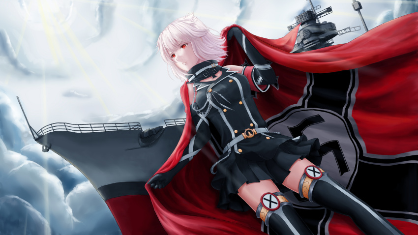 1girl absurdres bismarck_(zhan_jian_shao_nyu) black_gloves black_skirt boat breasts elbow_gloves flag gloves highres holding_flag large_breasts looking_away nazi_flag parted_lips red_eyes short_hair skirt solo watercraft white_hair xing_muhen zhan_jian_shao_nyu