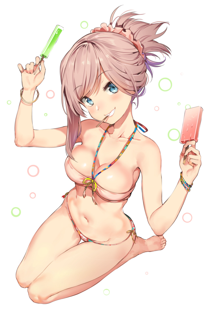 1girl asymmetrical_hair bare_shoulders bikini blue_eyes blush bracelet breasts cleavage collarbone fate/grand_order fate_(series) feet food hands_up head_tilt highres jewelry looking_at_viewer looking_to_the_side medium_breasts miyamoto_musashi_(fate/grand_order) mouth_hold navel pink_bikini pink_hair ponytail popsicle popsicle_stick scrunchie seiza simple_background sitting smile solo strapless swimsuit thighs tubetop waist wariza white_background yuran_(cozyquilt)