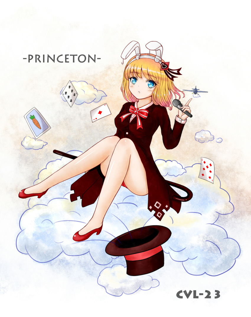 1girl aircraft airplane animal_ears ass bangs bare_legs blonde_hair blue_eyes bow bowtie brown_coat burning_(wjxwjx81) buttons card character_name clouds coat eyebrows_visible_through_hair fake_animal_ears hair_ornament hair_ribbon hairband hand_up hat high_heels highres holding holding_microphone index_finger_raised knees_together_feet_apart leg_up looking_away microphone open_mouth princeton_(zhan_jian_shao_nyu) rabbit_ears red_shoes ribbon shirt shoes short_hair simple_background sitting solo staff striped striped_bow striped_bowtie thighs top_hat white_shirt zhan_jian_shao_nyu
