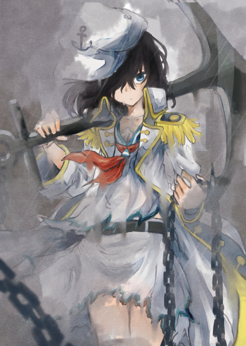 1girl anchor anchor_symbol black_hair blue_eyes chains coat collarbone cowboy_shot epaulettes expressionless hair_over_one_eye hands_up hat high_collar highres holding jeffree07 long_sleeves looking_at_viewer murasa_minamitsu open_clothes open_coat over_shoulder rain sailor sailor_collar sailor_hat shirt skirt solo standing steam torn_clothes torn_shirt torn_skirt touhou wide_sleeves wind wind_lift wing_collar