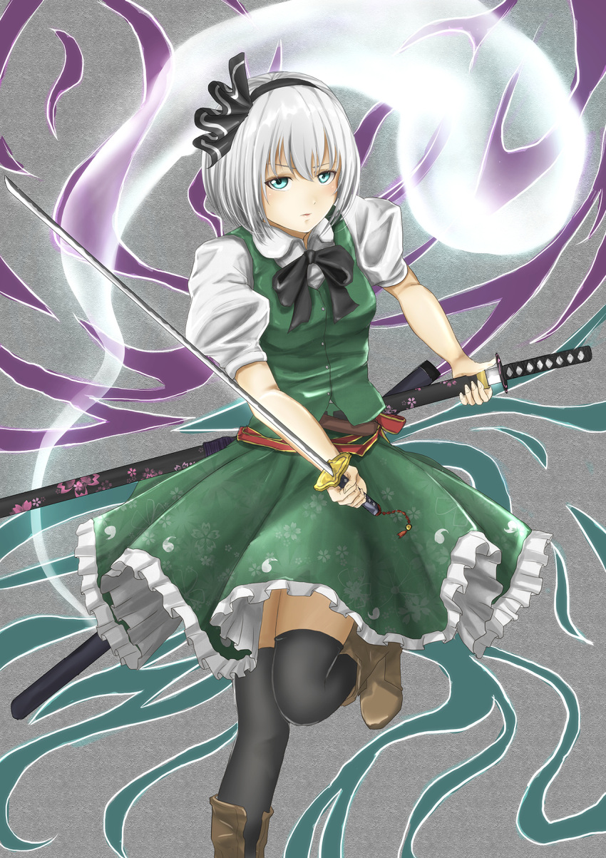 1girl black_legwear blue_eyes blush hairband highres holding holding_sheath holding_sword holding_weapon k_ryo konpaku_youmu looking_at_viewer parted_lips perfect_cherry_blossom sheath sheathed silver_hair sketch solo sword thigh-highs touhou weapon