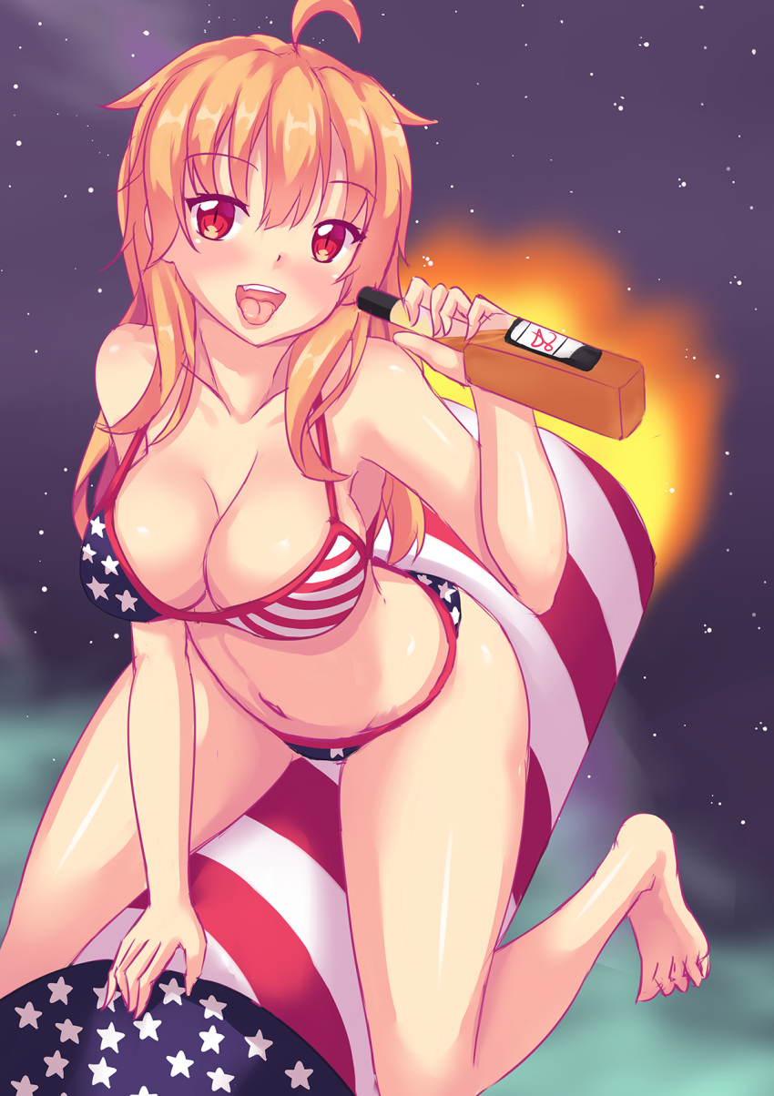 1girl ahoge american_flag_bikini arm_support bare_shoulders barefoot bikini blonde_hair bottle breasts cleavage collarbone eyebrows_visible_through_hair fast-runner-2024 flag_print hair_between_eyes highres holding large_breasts leaning_forward long_hair looking_at_viewer navel night night_sky open_mouth original red_eyes rocket shiny shiny_skin sketch sky solo star_(sky) starry_sky straddling swimsuit tiffy tongue
