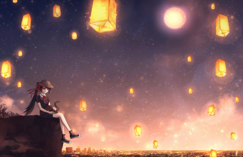 1girl animal animal_on_lap black_hair cat czy_(2894456992) hat holding holding_animal lantern long_hair looking_away original ponytail red_eyes scenery shoes sitting sky smile sneakers solo star_(sky) starry_sky sunset