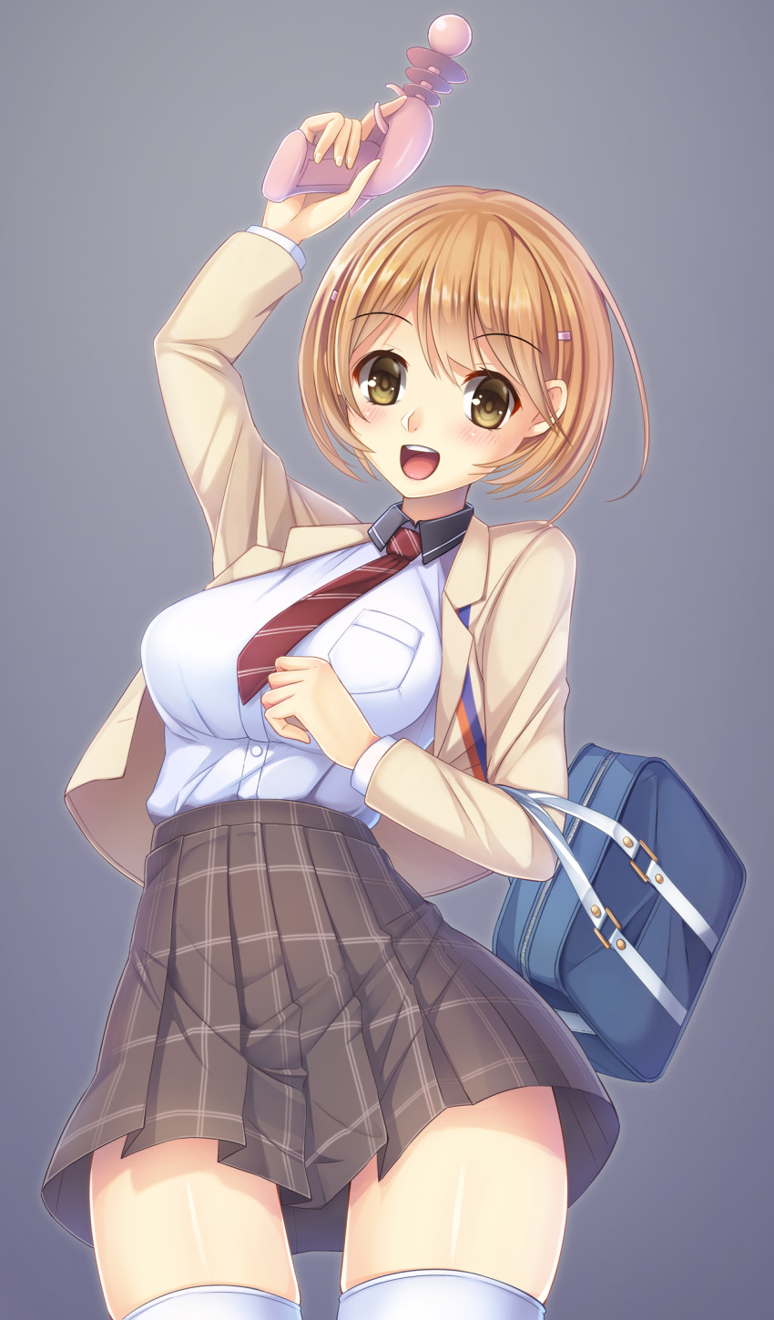 1girl bag blush breast_pocket breasts brown_eyes brown_hair brown_skirt duffel_bag eyebrows_visible_through_hair highres large_breasts long_sleeves looking_at_viewer narusawa_ryouka necktie occultic;nine open_mouth plaid plaid_skirt pocket red_necktie short_hair skirt smile solo teeth thigh-highs umitonakai white_legwear