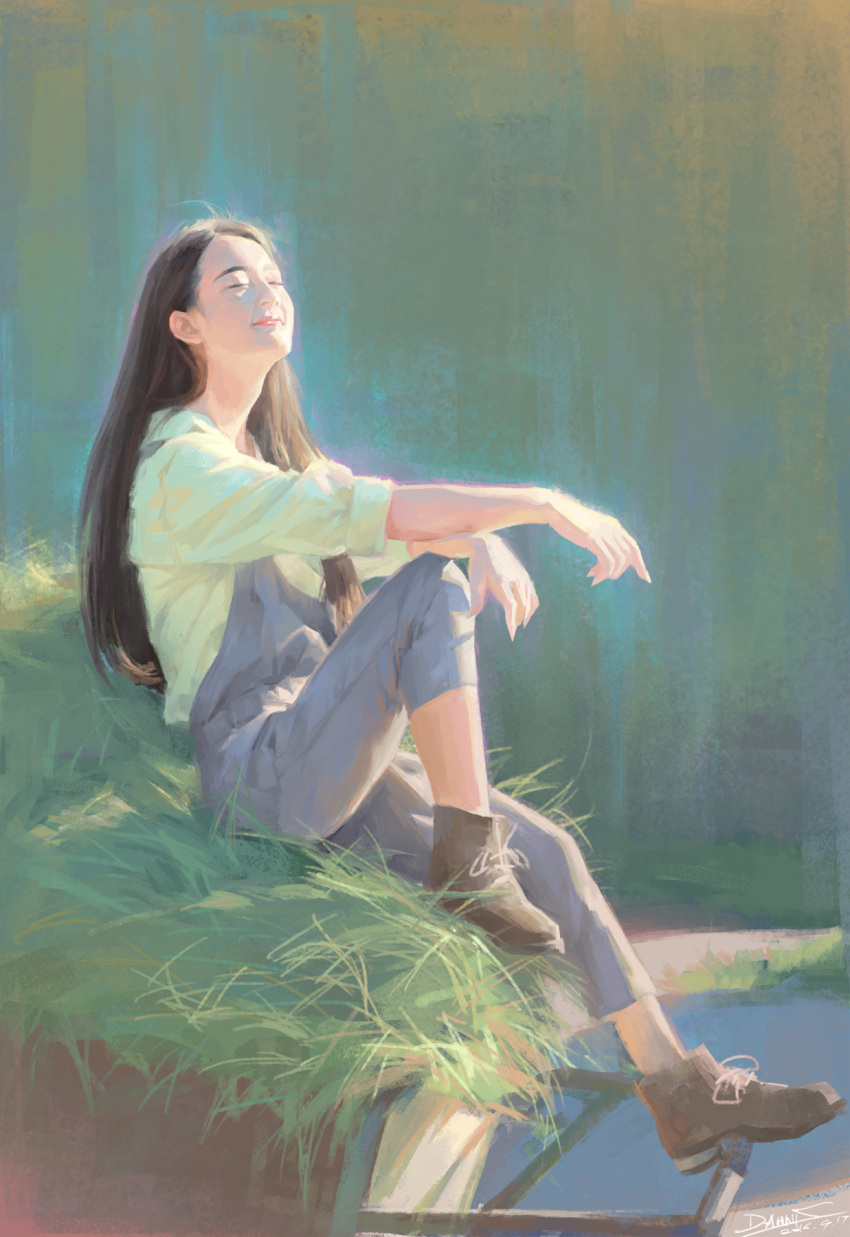 1girl 2017 ankle_boots black_hair blurry boots closed_eye closed_eyes dannis dated depth_of_field faux_traditional_media grass happy highres lips long_hair looking_up original outdoors overalls pond realistic signature sitting sleeves_rolled_up smile solo water