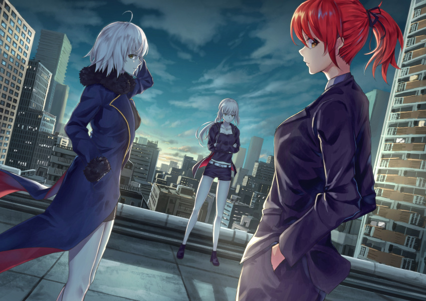 3girls ahoge blonde_hair breasts cityscape collarbone crossed_arms eyebrows_visible_through_hair fate_(series) fujimaru_ritsuka_(female) hands_in_pockets highres jeanne_alter k_ryo large_breasts long_hair looking_at_another looking_at_viewer multiple_girls ponytail redhead revision ruler_(fate/apocrypha) saber saber_alter short_hair smile white_hair yellow_eyes