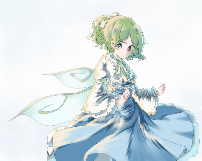 1girl blouse blue_eyes blue_skirt daiyousei fairy_wings green_hair high-waist_skirt highres juliet_sleeves long_sleeves neck_ribbon painttool_sai puffy_sleeves ribbon side_ponytail skirt solo thisiszzcat touhou white_blouse wide_sleeves wings