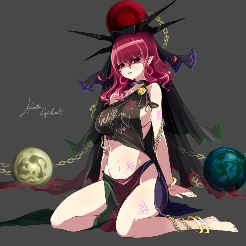 1girl adapted_costume anklet barefoot breasts character_name clothes_writing commentary_request earrings earth_(ornament) hair_between_eyes hecatia_lapislazuli highres jewelry large_breasts loincloth long_hair looking_at_viewer midriff moon_(ornament) navel no_panties pelvic_curtain pointy_ears polos_crown raptor7 red_eyes redhead shiny shiny_hair simple_background sitting solo tattoo touhou veil wavy_hair