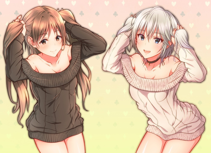 2girls anastasia_(idolmaster) arched_back arms_up bare_shoulders beige_sweater black_sweater blue_eyes blush breasts brown_eyes brown_hair choker cleavage collarbone commentary_request eyelashes gradient gradient_background hair_between_eyes heart_pendant highres hips holding holding_hair idolmaster idolmaster_cinderella_girls keffiy long_hair looking_at_viewer multiple_girls nitta_minami off_shoulder open_mouth ribbed_sweater short_hair short_twintails silver_hair small_breasts smile solo sweater thighs twintails