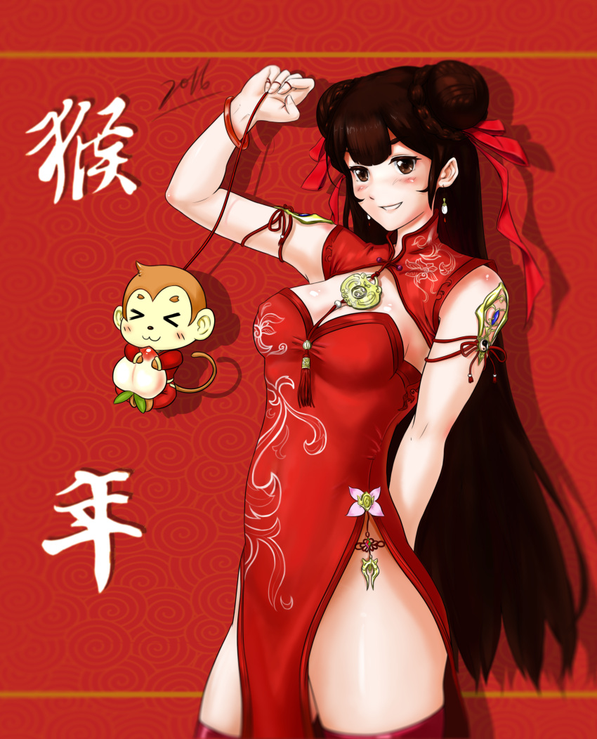 1girl 2016 absurdres bangs bare_shoulders between_breasts bracelet braid breasts brown_eyes brown_hair china_dress chinese_clothes chinese_new_year cleavage cleavage_cutout double_bun dress erect_nipples food fruit grin hair_ribbon happy_new_year highres jewelry long_hair medium_breasts monkey nengajou new_year peach pelvic_curtain red_dress red_legwear red_ribbon ribbon side_slit smile solo thigh-highs translated very_long_hair xiguaex