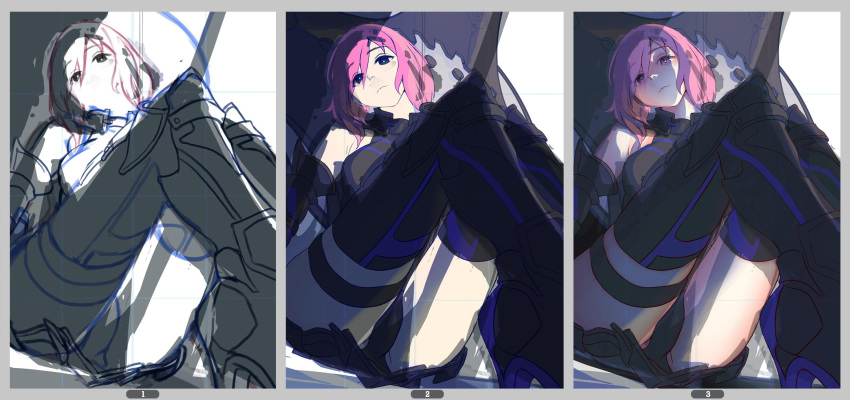 1girl armor armored_dress bare_shoulders black_legwear boots commentary_request eyebrows_visible_through_hair fate/grand_order fate_(series) hair_over_one_eye high_heel_boots high_heels highres looking_at_viewer mash_kyrielight nene_(taiwan) pink_eyes pink_hair short_hair sitting solo thigh-highs thigh_strap work_in_progress