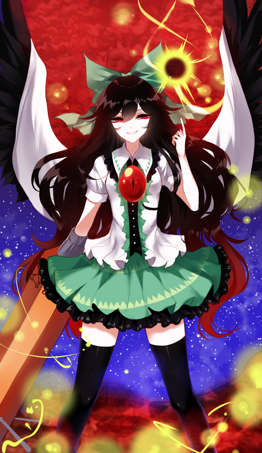 &gt;:) 1girl absurdres arm_cannon bird_wings black_hair black_legwear black_wings bow breasts cape cowboy_shot dress_shirt green_skirt hair_between_eyes hair_bow highres long_hair looking_at_viewer petticoat puffy_short_sleeves puffy_sleeves red_eyes reiuji_utsuho sheya shirt short_sleeves skirt small_breasts smile solo thigh-highs third_eye touhou weapon white_shirt wings