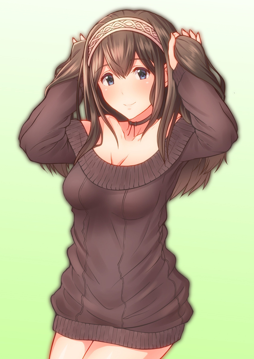 1girl absurdres arms_up bare_shoulders blue_eyes blush bow breasts brown_hair brown_sweater choker cleavage collarbone commentary_request gradient gradient_background green_background hair_between_eyes hairband highres holding holding_hair idolmaster idolmaster_cinderella_girls keffiy long_hair looking_at_viewer medium_breasts off_shoulder ribbed_sweater sagisawa_fumika smile solo sweater thighs twintails