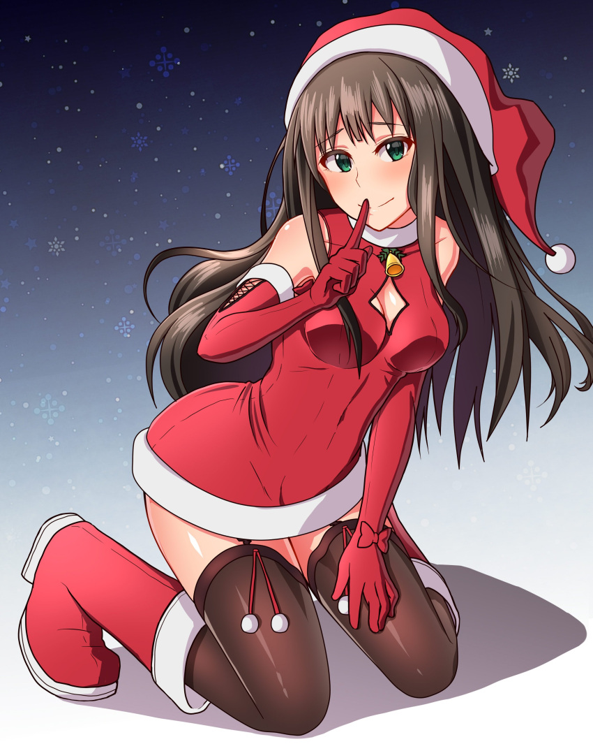 1girl absurdres bare_shoulders bell blush boots bow breasts brown_hair christmas cleavage_cutout commentary_request dress elbow_gloves finger_to_mouth garter_straps gloves green_eyes hand_on_own_thigh hat highres hips idolmaster idolmaster_cinderella_girls keffiy kneeling long_hair looking_at_viewer red_boots red_dress red_gloves santa_costume santa_hat shibuya_rin small_breasts snowflakes solo thigh-highs thighs