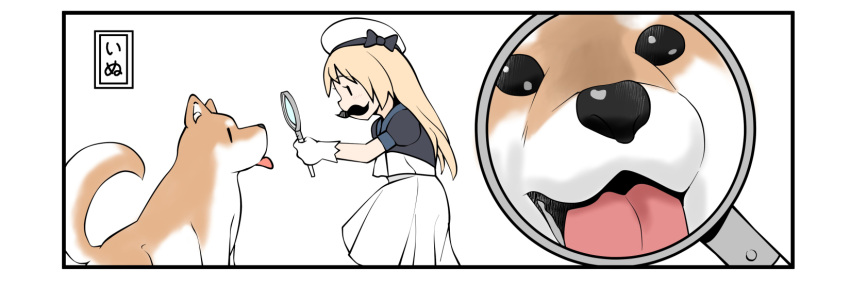 1girl blonde_hair blue_eyes blue_sailor_collar commentary_request dog dress fake_facial_hair fake_mustache gloves hat highres jervis_(kancolle) kantai_collection long_hair magnifying_glass sailor_collar sailor_dress sailor_hat shiba_inu simple_background solo takasugi_heppu white_background white_dress white_gloves white_headwear