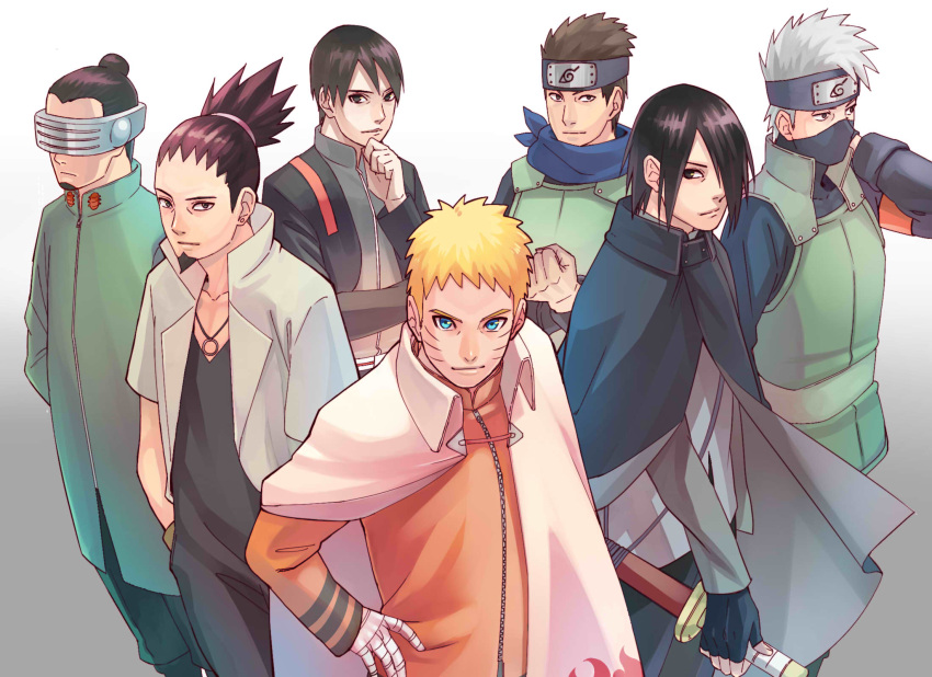 6+boys aburame_shino arms_behind_back bandage bandaged_arm black_hair blonde_hair blue_eyes boruto:_naruto_next_generations brown_hair cape cloak curamubuono facial_hair fingerless_gloves forehead_protector gloves goatee hair_bun half_mask hand_on_hip hatake_kakashi highres jewelry looking_at_viewer multiple_boys nara_shikamaru naruto necklace sai sarutobi_konohamaru scarf silver_hair spiky_hair sword topknot uchiha_sasuke uzumaki_naruto visor weapon whisker_markings whiskers