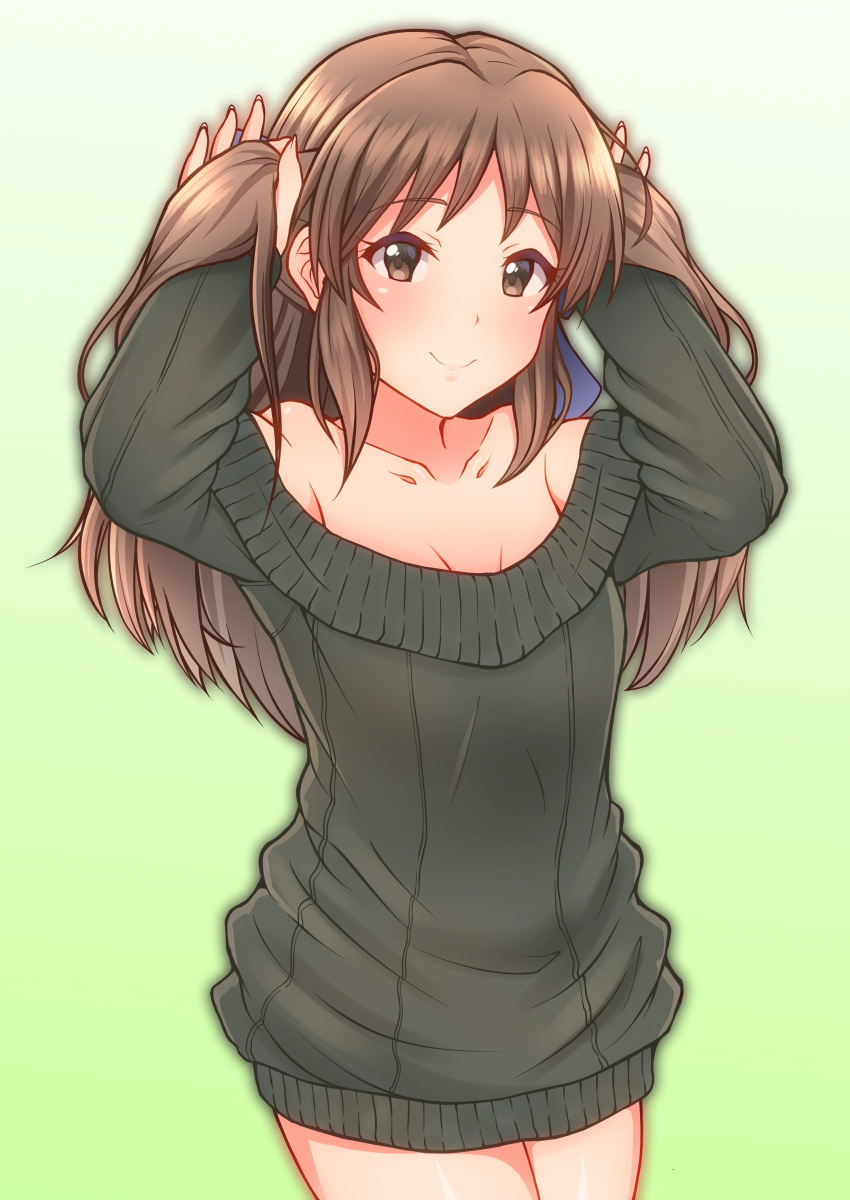 1girl absurdres arms_up bare_shoulders black_sweater blush bow breasts brown_eyes brown_hair collarbone commentary_request gradient gradient_background green_background hair_bow highres holding holding_hair idolmaster idolmaster_cinderella_girls keffiy long_hair looking_at_viewer off_shoulder ribbed_sweater sidelocks small_breasts smile solo sweater tachibana_arisu thighs twintails