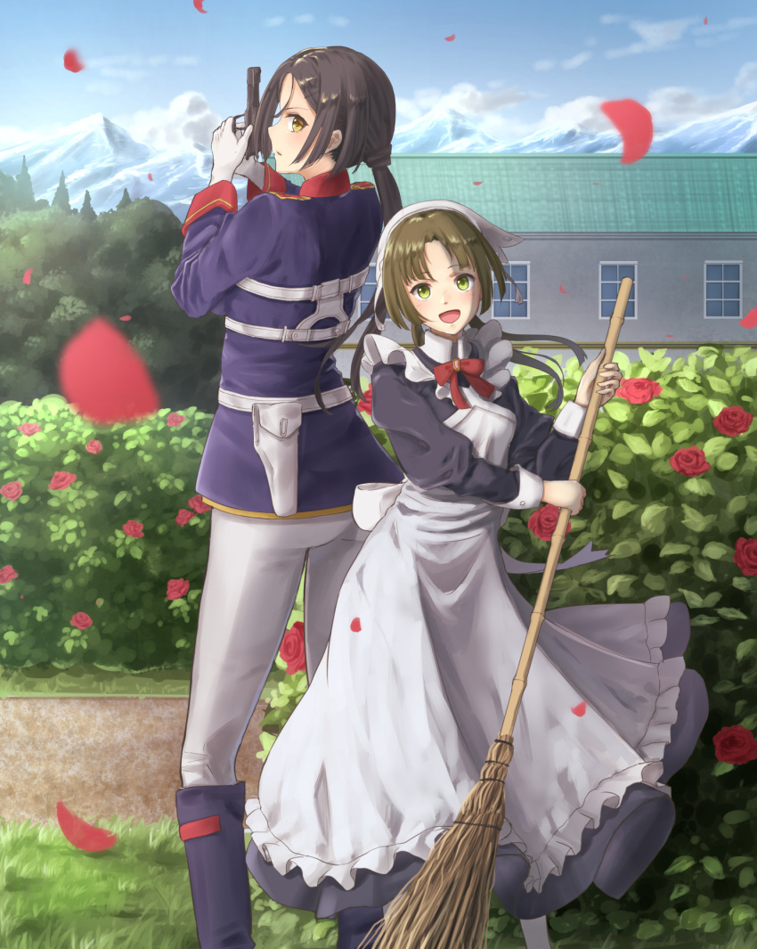 2girls apron bianca_(shuumatsu_no_izetta) black_hair blush broom brown_hair building eyebrows_visible_through_hair gloves green_eyes gun hair_ornament hairclip handgun highres holding holding_broom holding_gun holding_weapon k_ryo long_hair looking_at_viewer lotte_(shuumatsu_no_izetta) maid maid_apron multiple_girls open_mouth petals pistol ponytail shuumatsu_no_izetta smile twintails weapon white_gloves window yellow_eyes