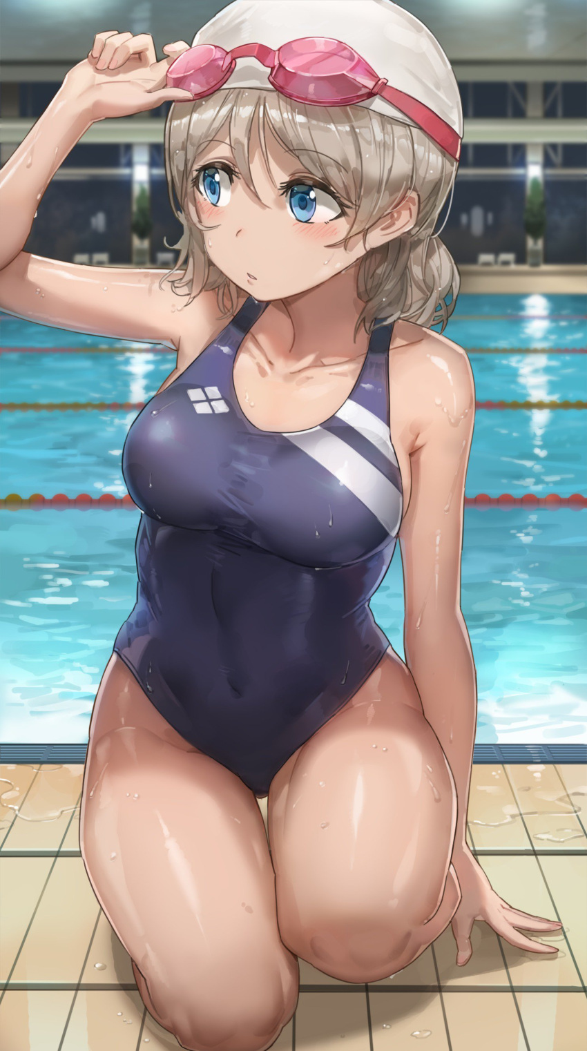 1girl absurdres bare_arms bare_legs blue_eyes blue_swimsuit breasts brown_hair collarbone competition_swimsuit covered_navel goggles goggles_on_head highleg highleg_swimsuit highres indoors kneeling looking_to_the_side love_live! love_live!_sunshine!! medium_breasts one-piece_swimsuit pool poolside short_hair solo swim_cap swimsuit watanabe_you water wet wet_clothes yohan1754
