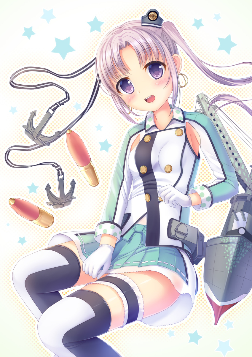 1girl akitsushima_(kantai_collection) anchor blush breasts earrings eyebrows_visible_through_hair gloves green_skirt highres jewelry kantai_collection large_breasts long_hair looking_at_viewer open_mouth purple_hair skirt smile solo thigh-highs umitonakai violet_eyes white_gloves