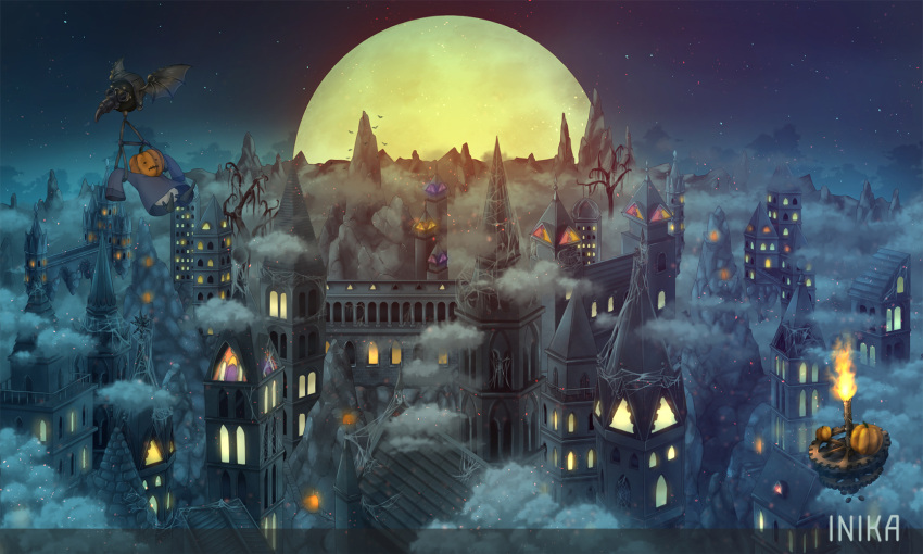 animal artist_name bat castle fog gears halloween highres inika jack-o'-lantern moon no_humans original pumpkin scenery torch