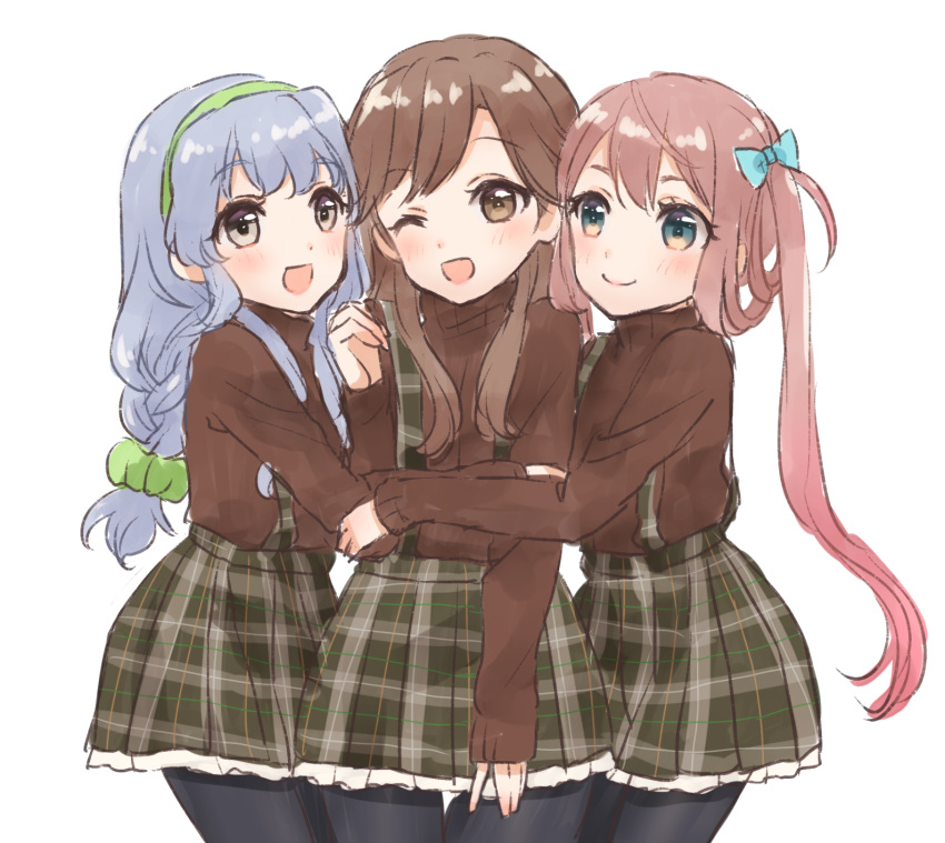 3girls alternate_costume arashio_(kantai_collection) asagumo_(kantai_collection) blue_ribbon blush braid brown_eyes brown_hair frilled_skirt frills grey_hair hair_rings headband highres holding kantai_collection long_hair multiple_girls nuno_(pppompon) one_eye_closed pantyhose plaid plaid_skirt pleated_skirt ribbon school_uniform scrunchie skirt smile suspender_skirt suspenders sweater turtleneck turtleneck_sweater twintails very_long_hair yamagumo_(kantai_collection)