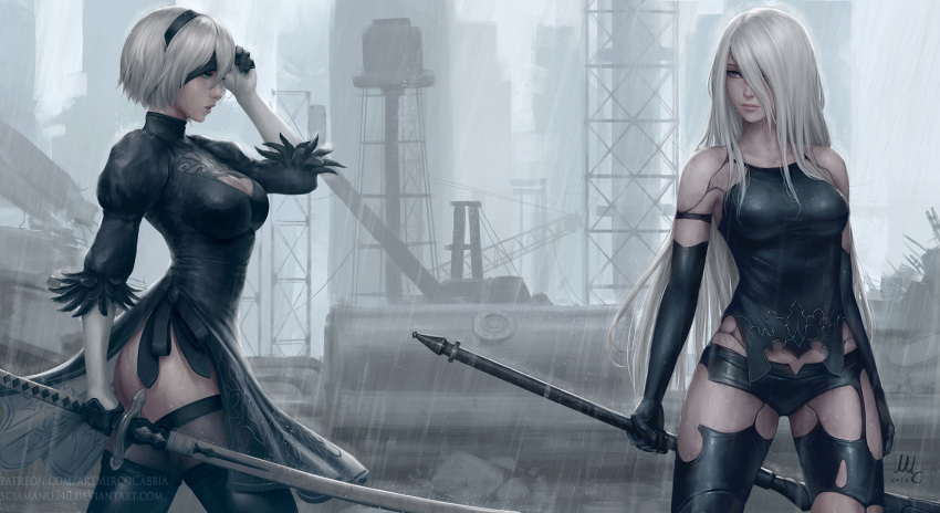 2girls android artist_name bare_shoulders black_dress black_gloves black_legwear blindfold blindfold_lift blue_eyes collarbone dress elbow_gloves gloves grey_eyes hair_over_one_eye hairband highres holding holding_weapon katana lips long_hair mirco_cabbia mole mole_under_mouth multiple_girls nier_(series) nier_automata puffy_sleeves rain realistic revision short_hair short_shorts shorts signature silver_hair skirt sword thigh-highs thigh_gap torn_clothes torn_thighhighs watermark weapon wet wet_hair yorha_no._2_type_b yorha_type_a_no._2