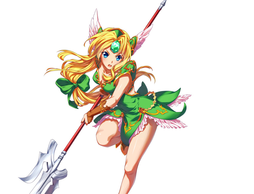 1girl blonde_hair blue_eyes bridal_gauntlets downscaled floating_hair forehead_jewel head_wings headdress highres holding holding_spear holding_weapon leg_up long_hair low-tied_long_hair md5_mismatch million_arthur_arcana_blood official_art open_mouth polearm resized riesz seiken_densetsu seiken_densetsu_3 simple_background solo spear weapon white_background