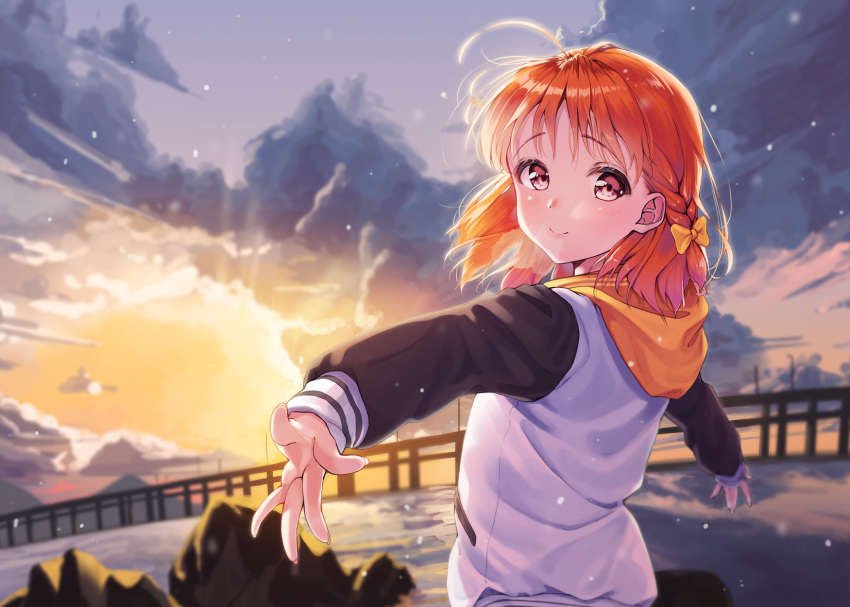 1girl bow braid hair_bow highres hood hood_down hoodie long_sleeves looking_at_viewer looking_back love_live! love_live!_sunshine!! orange_bow orange_hair outdoors outstretched_arms scenery short_hair siro_joon smile solo standing takami_chika twilight upper_body water