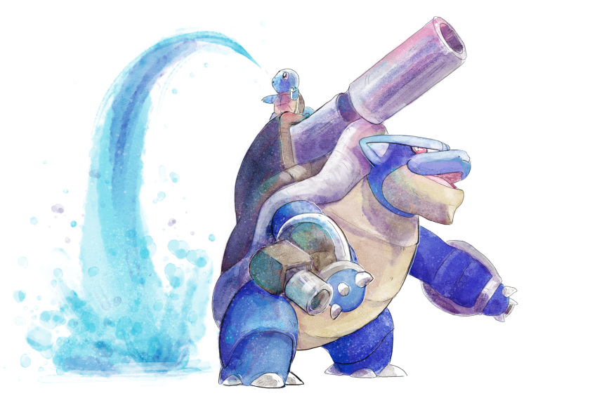 animal animal_on_back blastoise highres mega_pokemon no_humans open_mouth pokemon pokemon_(creature) red_eyes squirtle standing traceysketchit water