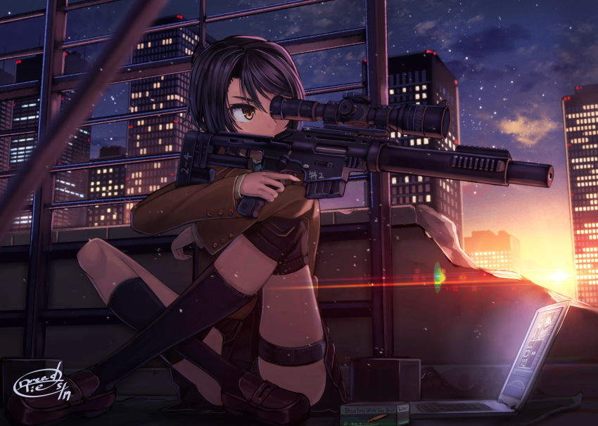 1girl black_hair brown_eyes city commentary computer dreadtie gun highres laptop legs_crossed original revision rifle short_hair sitting sky sniper sniper_rifle solo star_(sky) starry_sky sunset thigh_strap trigger_discipline weapon
