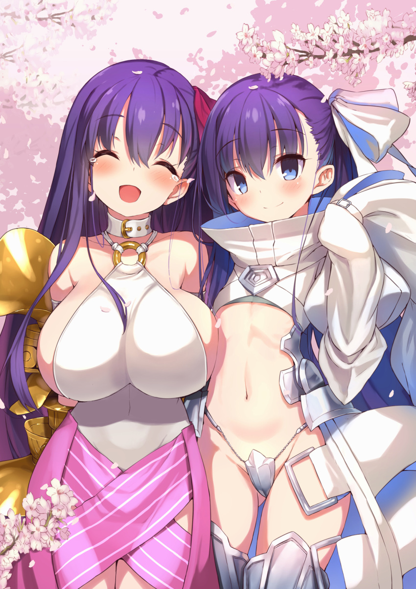 2girls armadillon bangs bare_shoulders belt blue_eyes breasts cherry_blossoms closed_eyes collar crotch_plate eyebrows_visible_through_hair fate/extra fate/extra_ccc fate_(series) hair_ribbon highres huge_breasts long_hair looking_at_viewer meltlilith multiple_girls navel o-ring_top open_mouth passion_lip petals purple_hair red_ribbon revealing_clothes ribbon sleeves_past_wrists smile standing stomach tears turtleneck white_ribbon