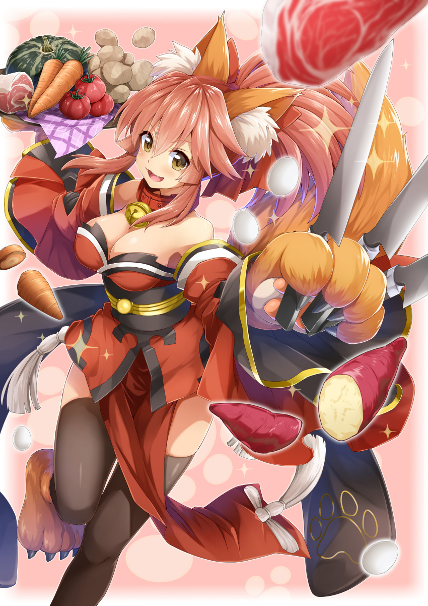 1girl absurdres animal_ears bell bell_collar breasts cleavage collar detached_sleeves egg fangs fate/grand_order fate_(series) food fox_ears fox_tail hair_ribbon highres japanese_clothes kanna_(chaos966) large_breasts long_hair looking_at_viewer meat open_mouth paws pink_hair revision ribbon solo tail tamamo_(fate)_(all) tamamo_cat_(fate) vegetable yellow_eyes