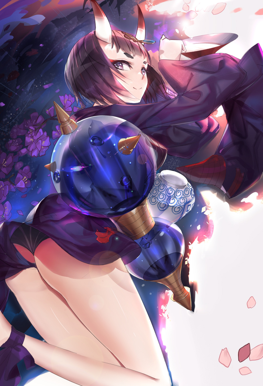 1girl alcohol ass bangs blunt_bangs blush breasts closed_mouth cowboy_shot cup fate/grand_order fate_(series) from_side highres japanese_clothes kimono long_sleeves looking_at_viewer looking_to_the_side oni oni_horns purple_hair rabbit_(tukenitian) sakazuki sake short_hair shuten_douji_(fate/grand_order) small_breasts smile solo violet_eyes wide_sleeves