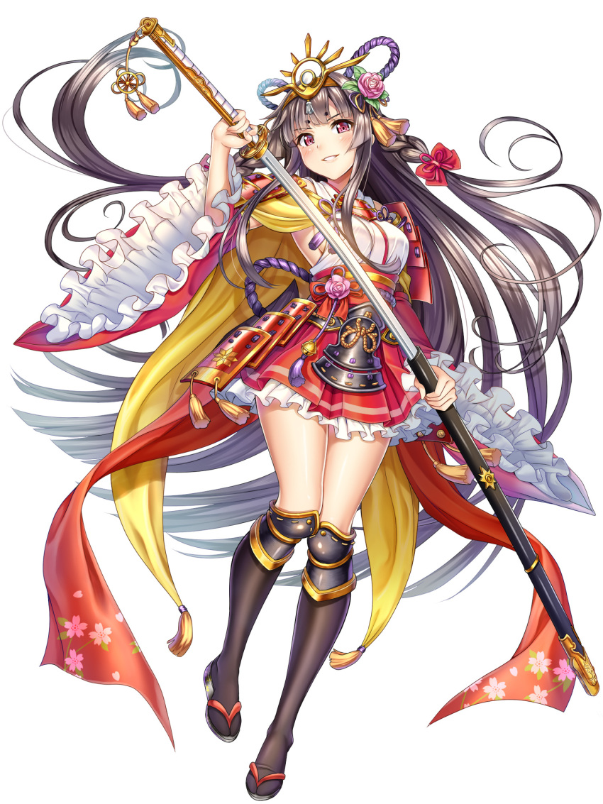 1girl absurdly_long_hair black_hair black_legwear blush breasts floating_hair flower hair_flower hair_ornament highres holding holding_sheath holding_sword holding_weapon japanese_clothes kimono kneehighs layered_skirt long_hair looking_at_viewer medium_breasts miniskirt original parted_lips pink_flower red_skirt sheath simple_background skirt smile solo sword unsheathing very_long_hair violet_eyes weapon white_background white_kimono