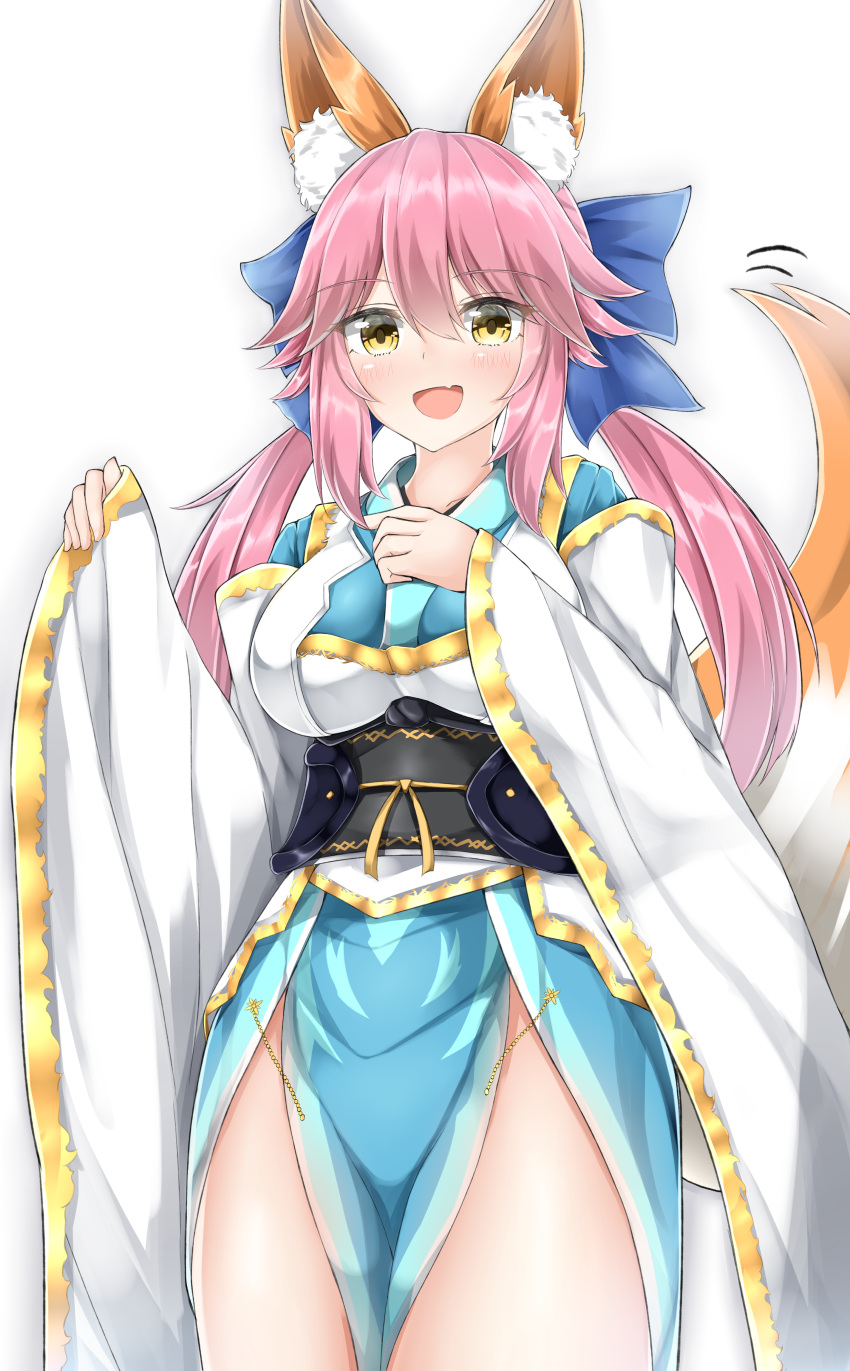 1girl absurdres alternate_costume animal_ears blue_bow blush bow breasts collarbone eyebrows_visible_through_hair fate/extra fate/grand_order fate_(series) fox_ears fox_tail hair_bow hand_on_own_chest highres kiyohime_(fate/grand_order) kiyohime_(fate/grand_order)_(cosplay) large_breasts long_hair looking_at_viewer moyoron open_mouth pink_hair smile solo tail tamamo_(fate)_(all) tamamo_no_mae_(fate) twintails