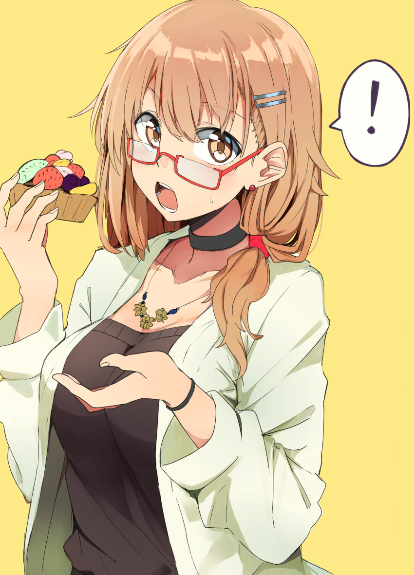 ! 1girl absurdres bangs black_choker black_shirt blush bracelet brown_eyes brown_hair collarbone commentary_request earrings eyebrows_visible_through_hair food glasses hair_ornament hair_tie hairclip highres holding holding_food jewelry kazenoko long_hair looking_at_viewer necklace open_mouth original piercing shirt simple_background solo sweat yellow_background