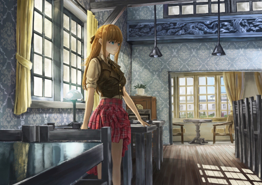 1girl blue_eyes brown_hair chair curtains eyebrows_visible_through_hair hanging_light highres k_ryo lamp long_hair looking_away original plaid plaid_skirt plant potted_plant red_skirt sketch skirt solo table window