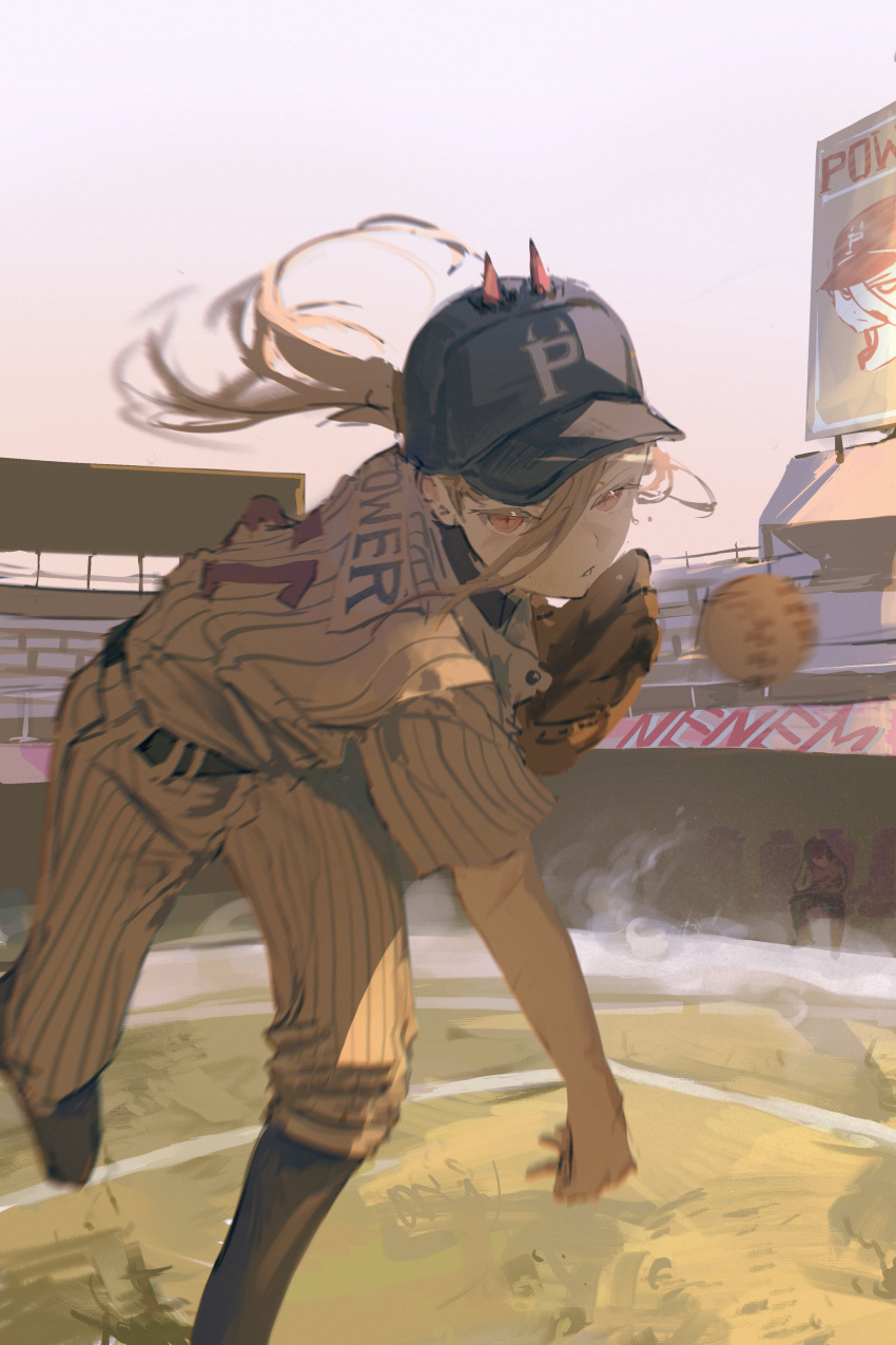 1girl absurdres baseball_cap baseball_mitt baseball_stadium baseball_uniform brown_hair chainsaw_man commentary english_commentary gradient_background hat highres horns horns_through_headwear long_hair looking_at_viewer motion_blur nenem_(kimnenemmm_art) pants ponytail power_(chainsaw_man) red_horns shirt solo sportswear striped striped_pants striped_shirt throwing